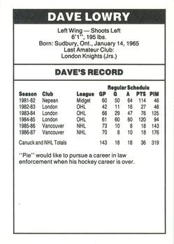 1987-88 Shell Oil Vancouver Canucks #NNO Dave Lowry Back