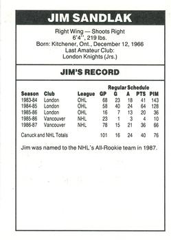 1987-88 Shell Oil Vancouver Canucks #NNO Jim Sandlak Back