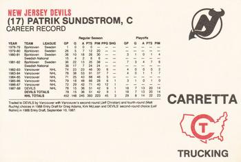 1988-89 Carretta New Jersey Devils #NNO Patrik Sundstrom Back