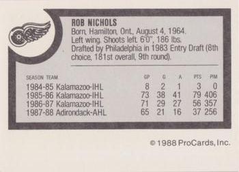 1988-89 ProCards Adirondack Red Wings (AHL) #NNO Rob Nichols Back