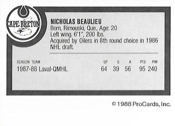 1988-89 ProCards Cape Breton Oilers (AHL) #NNO Nicolas Beaulieu Back