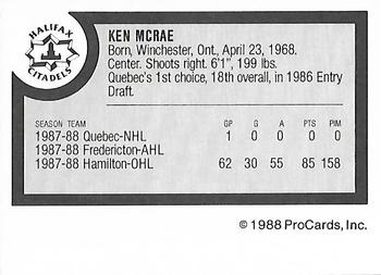 1988-89 ProCards Halifax Citadels (AHL) #NNO Ken McRae Back