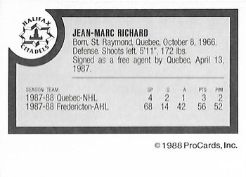 1988-89 ProCards Halifax Citadels (AHL) #NNO Jean-Marc Richard Back