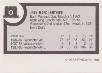 1988-89 ProCards Maine Mariners (AHL) #NNO Jean-Marc Lanthier Back