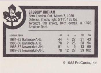 1988-89 ProCards Newmarket Saints (AHL) #NNO Greg Hotham Back