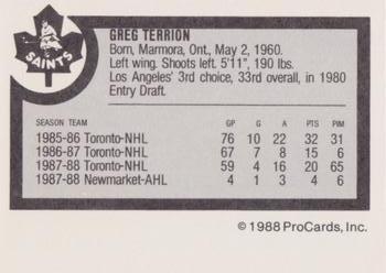1988-89 ProCards Newmarket Saints (AHL) #NNO Greg Terrion Back