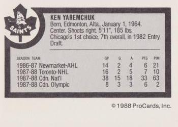 1988-89 ProCards Newmarket Saints (AHL) #NNO Ken Yaremchuk Back