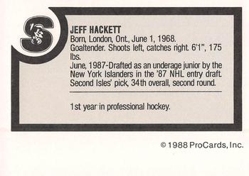 1988-89 ProCards Springfield Indians (AHL) #NNO Jeff Hackett Back