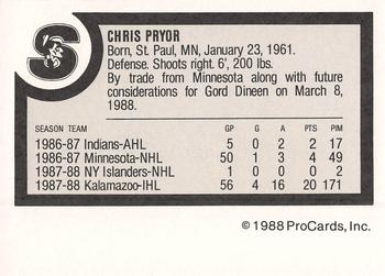 1988-89 ProCards Springfield Indians (AHL) #NNO Chris Pryor Back