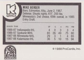 1988-89 ProCards Kalamazoo Wings (IHL) #NNO Mike Berger Back