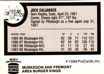 1988-89 ProCards Muskegon Lumberjacks (IHL) #NNO Jock Callander Back