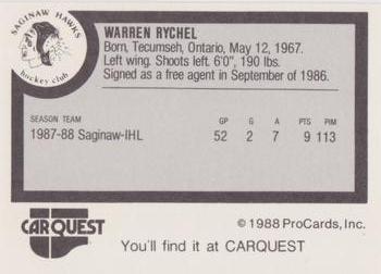 1988-89 ProCards Saginaw Hawks (IHL) #NNO Warren Rychel Back