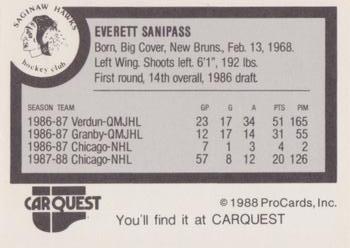 1988-89 ProCards Saginaw Hawks (IHL) #NNO Everett Sanipass Back
