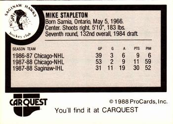 1988-89 ProCards Saginaw Hawks (IHL) #NNO Mike Stapleton Back