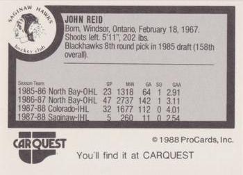 1988-89 ProCards Saginaw Hawks (IHL) #NNO John Reid Back