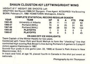 1988-89 Portland Winterhawks (WHL) #NNO Shaun Clouston Back