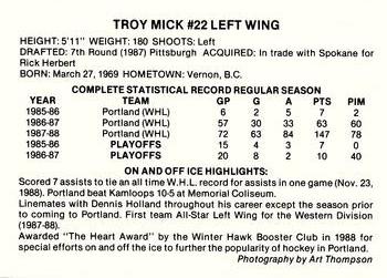 1988-89 Portland Winterhawks (WHL) #NNO Troy Mick Back