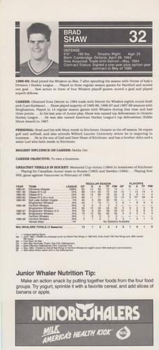 1989-90 Junior Whalers/Milk Hartford Whalers #NNO Brad Shaw Back
