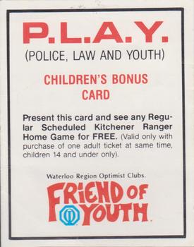 1989-90 Kitchener Rangers (OHL) Police #3 Children's Bonus Card Front