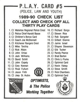 1989-90 Kitchener Rangers (OHL) Police #5 Kitchener Rangers Back