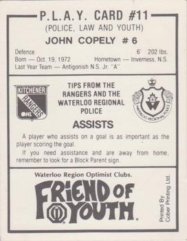 1989-90 Kitchener Rangers (OHL) Police #11 John Copley Back
