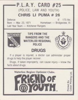 1989-90 Kitchener Rangers (OHL) Police #25 Chris LiPuma Back