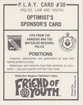 1989-90 Kitchener Rangers (OHL) Police #30 Optimist's Sponsor Card Back