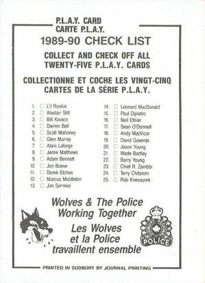 1989-90 Sudbury Wolves (OHL) Police #1 L'il Rookie Back