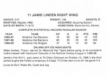 1989-90 Portland Winterhawks (WHL) #NNO Jamie Linden Back