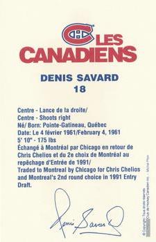 1990-91 Montreal Canadiens Postcards #NNO Denis Savard Back