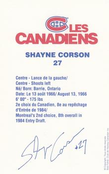 1990-91 Montreal Canadiens Postcards #NNO Shayne Corson Back