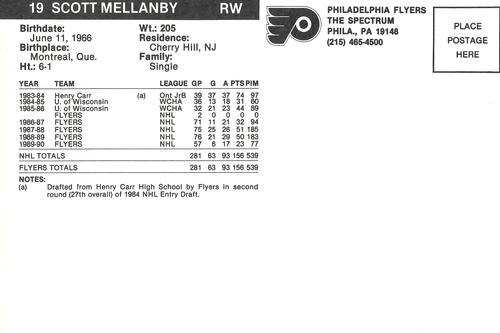 1990-91 Philadelphia Flyers Postcards #NNO Scott Mellanby Back
