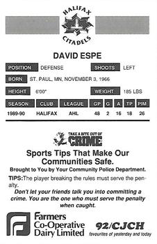 1990-91 Halifax Citadels (AHL) Police #NNO David Espe Back