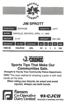 1990-91 Halifax Citadels (AHL) Police #NNO Jim Sprott Back