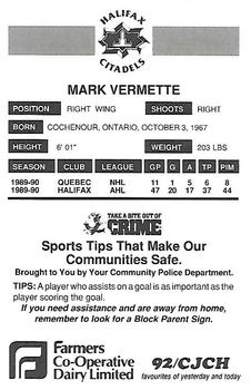 1990-91 Halifax Citadels (AHL) Police #NNO Mark Vermette Back