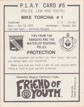 1990-91 Kitchener Rangers (OHL) Police #6 Mike Torchia Back