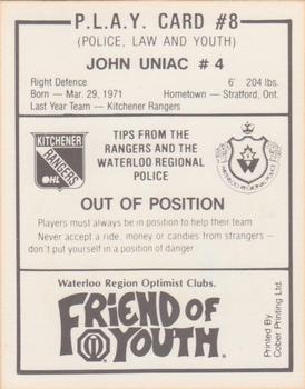 1990-91 Kitchener Rangers (OHL) Police #8 John Uniac Back
