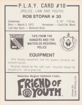 1990-91 Kitchener Rangers (OHL) Police #10 Rob Stopar Back