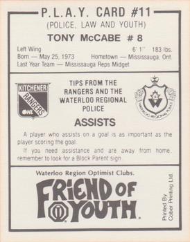 1990-91 Kitchener Rangers (OHL) Police #11 Tony McCabe Back