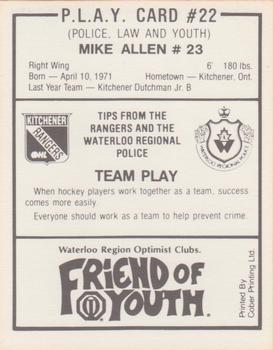 1990-91 Kitchener Rangers (OHL) Police #22 Mike Allen Back