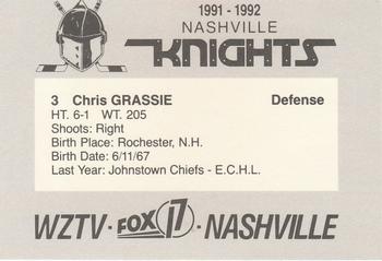 1991-92 WZTV FOX-17 Nashville Knights (ECHL) #NNO Chris Grassie Back