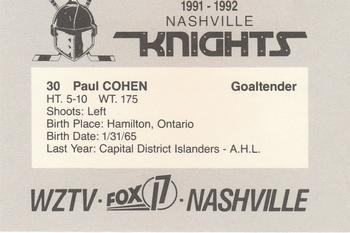 1991-92 WZTV FOX-17 Nashville Knights (ECHL) #NNO Paul Cohen Back