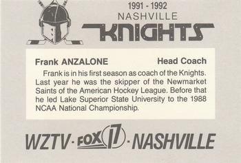 1991-92 WZTV FOX-17 Nashville Knights (ECHL) #NNO Frank Anzalone Back