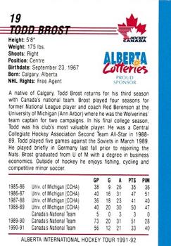 1991-92 Alberta Lotteries Canada's National Team #NNO Todd Brost Back