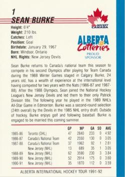 1991-92 Alberta Lotteries Canada's National Team #NNO Sean Burke Back