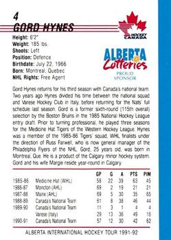 1991-92 Alberta Lotteries Canada's National Team #NNO Gord Hynes Back
