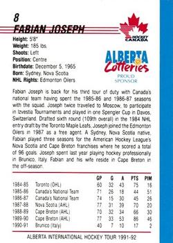 1991-92 Alberta Lotteries Canada's National Team #NNO Fabian Joseph Back