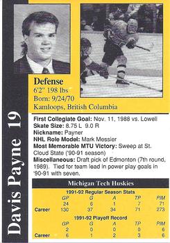 1991-92 Michigan Tech Huskies (NCAA) #NNO Davis Payne Back