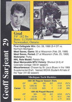1991-92 Michigan Tech Huskies (NCAA) #NNO Geoff Sarjeant Back
