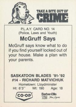1991-92 Saskatoon Blades (WHL) Police #14 Richard Matvichuk Back